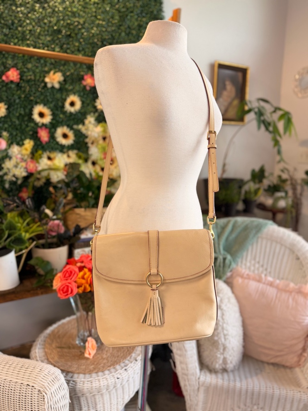 Dooney & Bourke Beige Leather Crossbody with Tassel